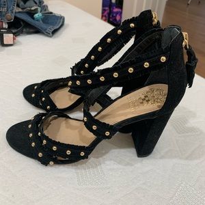 Vince Camuto Black and Gold Studded Suede Heels